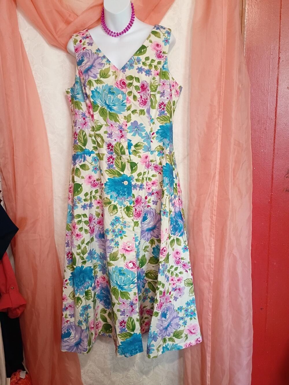 Chadwicks Ladies Floral Midi Dress in Blue, Pink, Green Sz 14P